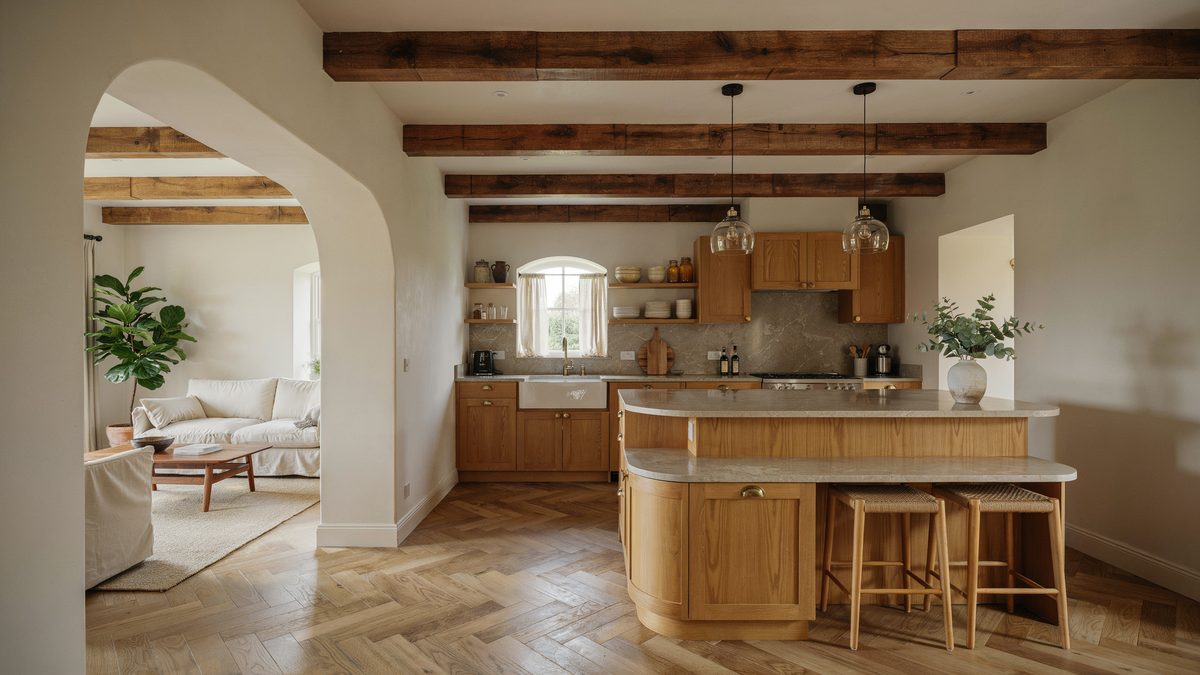Golden teak cabinets and beige granite counters under exposed ceiling beams