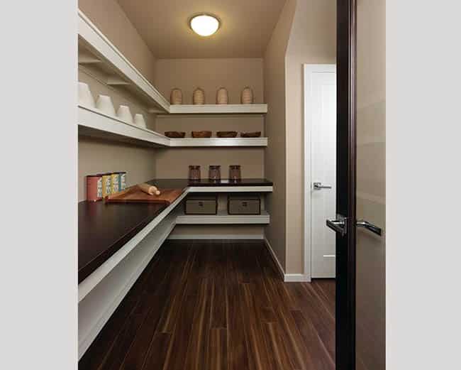 Pantry with open shelves, cups and white door