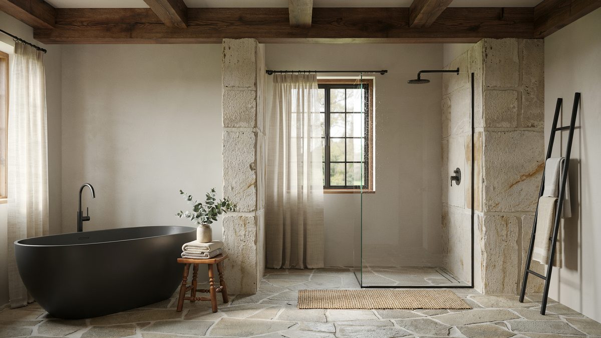 Stone pillars and wood beams framing a glass shower beside black tub