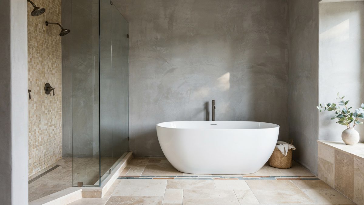 White tub before a glass shower in a grey stucco stone bathroom