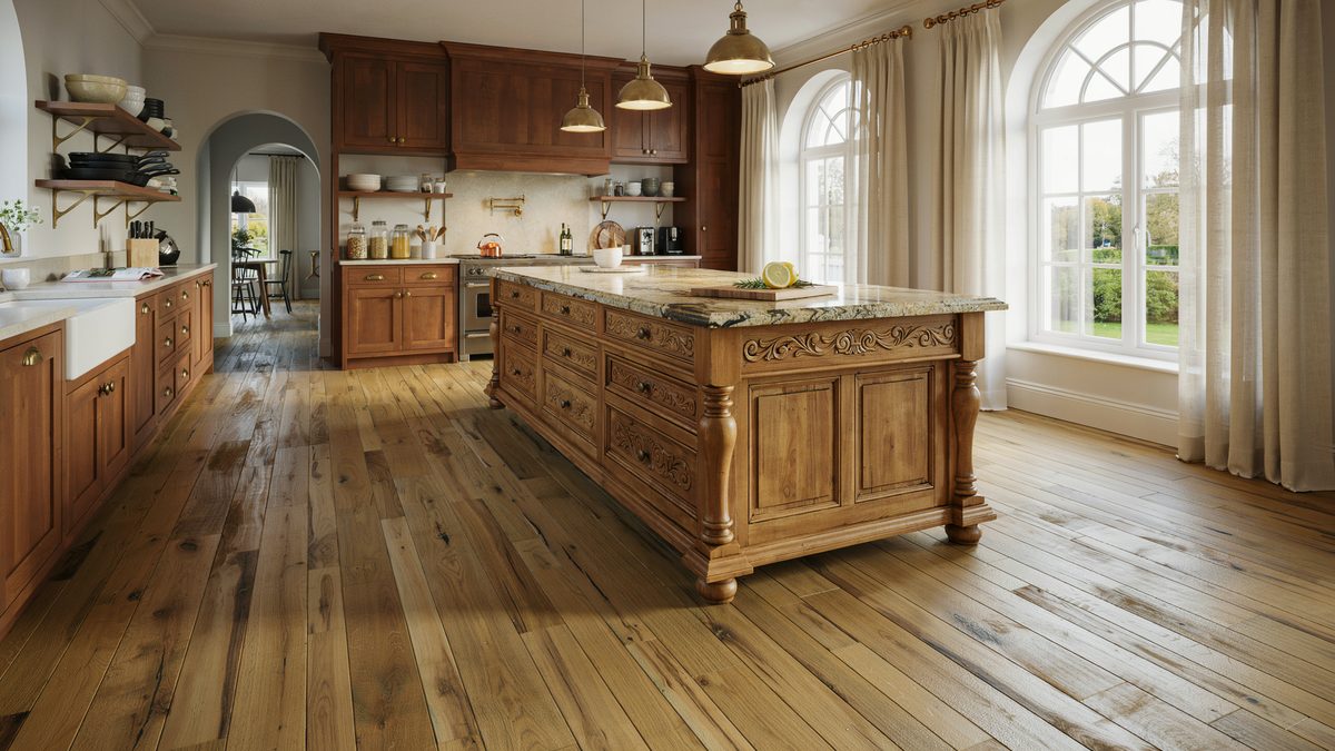 Dark oak cabinets with thick amarelo ornamental granite countertops