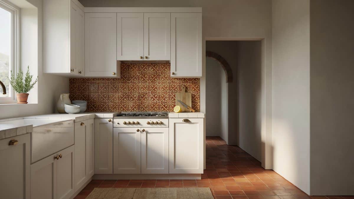 Compact kitchen with white cabinets, tile countertops, and arabesque terracotta backsplash