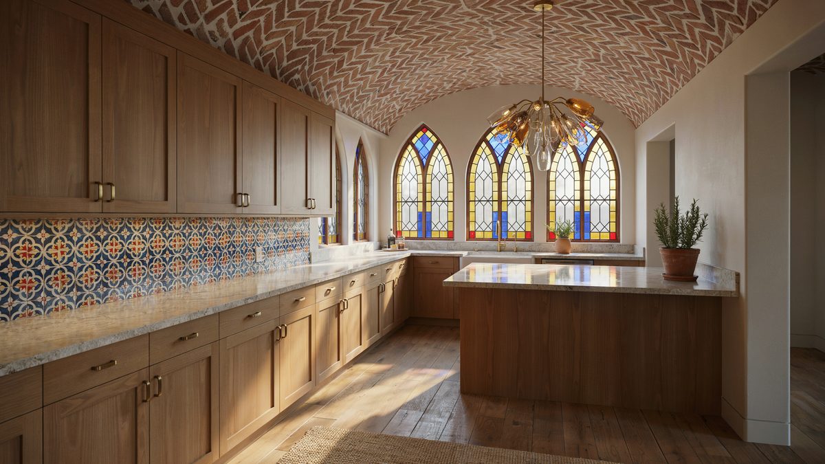Chevron brick barrel ceiling with pointed stained glass windows and blown glass chandelier