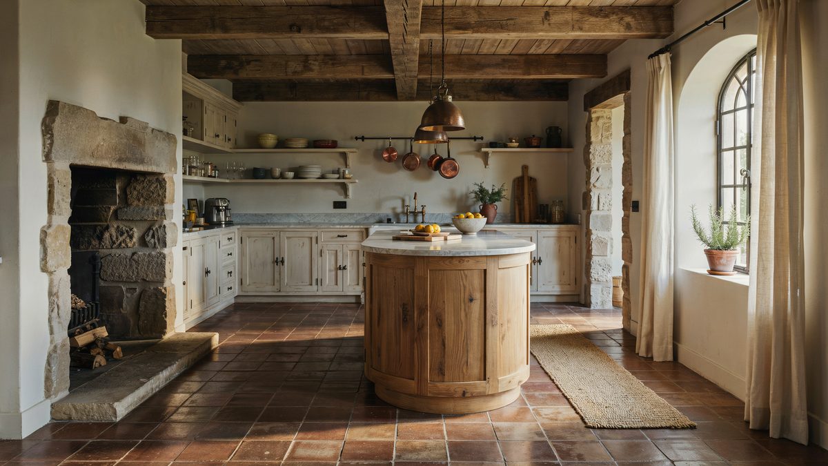 Curved fruitwood island near a stone fireplace with weathered ceiling beams