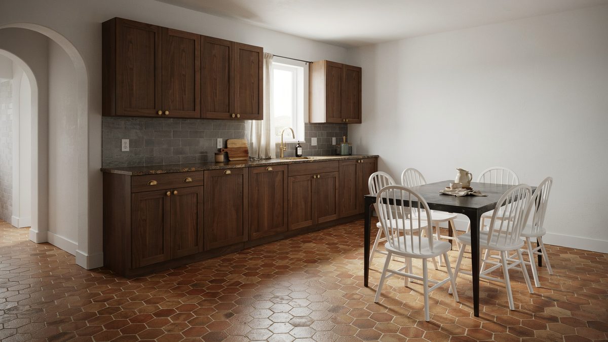 Dark walnut cabinets with polished granite and gray slate subway tile backsplash