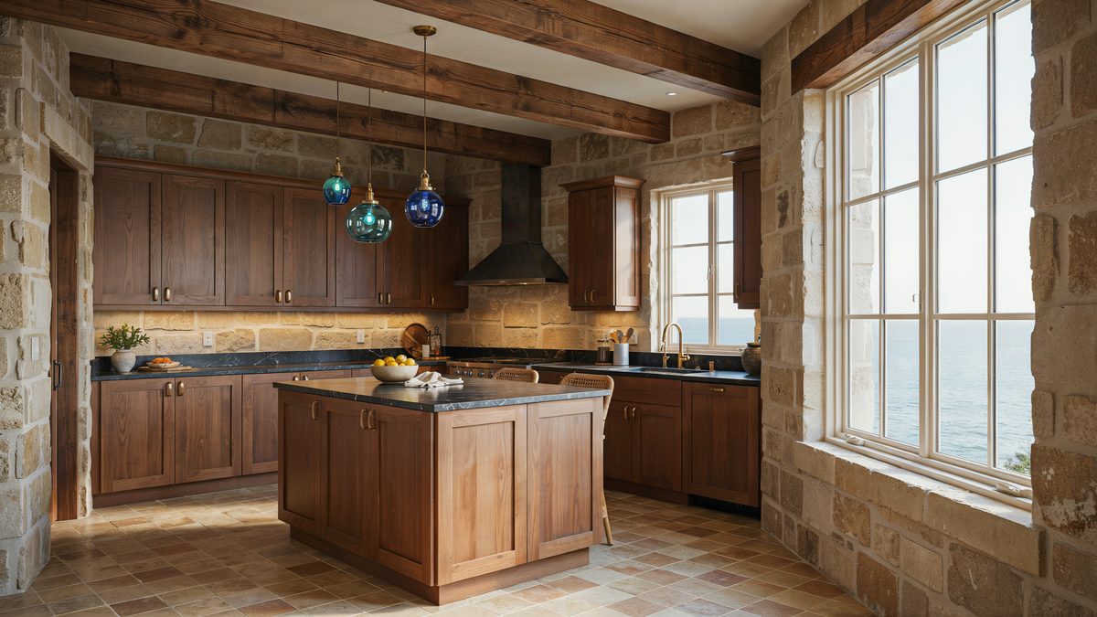 Black granite counters and exposed beams framing a wide ocean view window