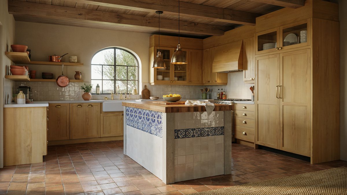 Maple ceiling boards and matching cabinets with a blue tile accented island