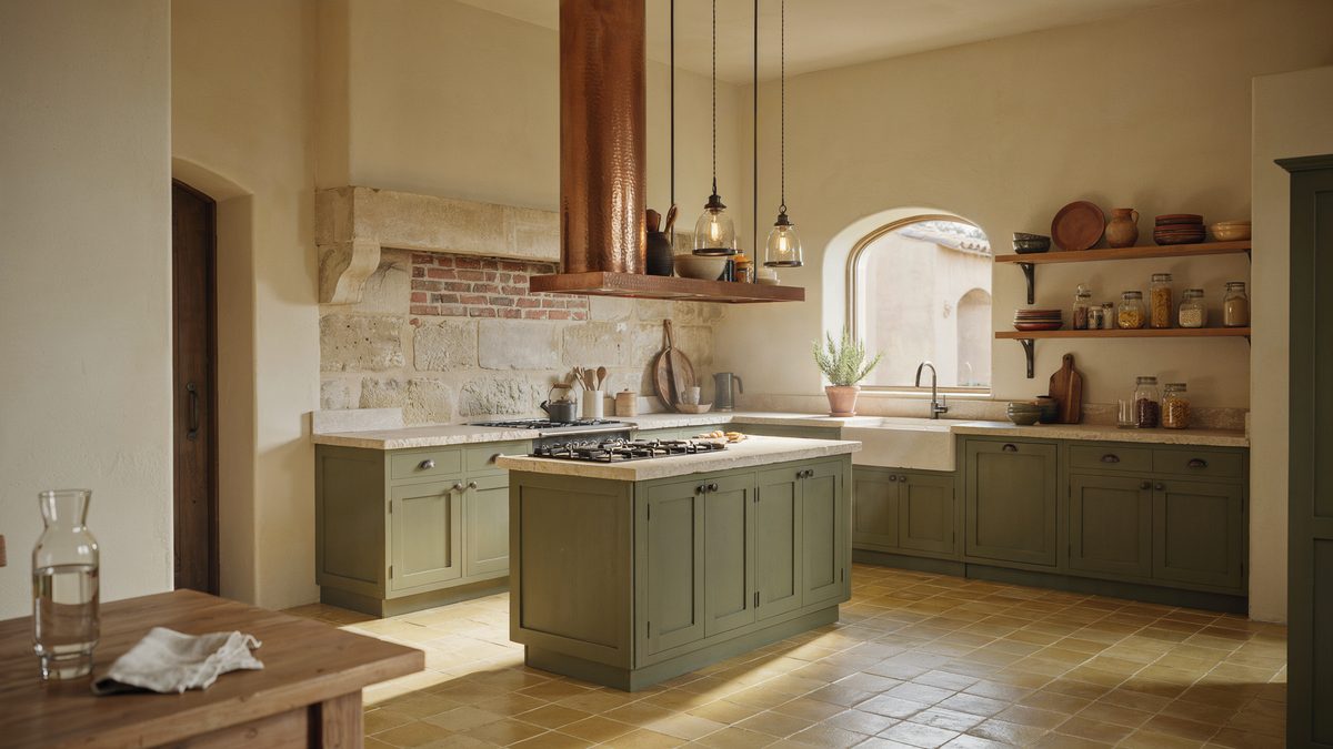 Olive painted cabinets, sandstone counters, and stone and brick clad kitchen walls