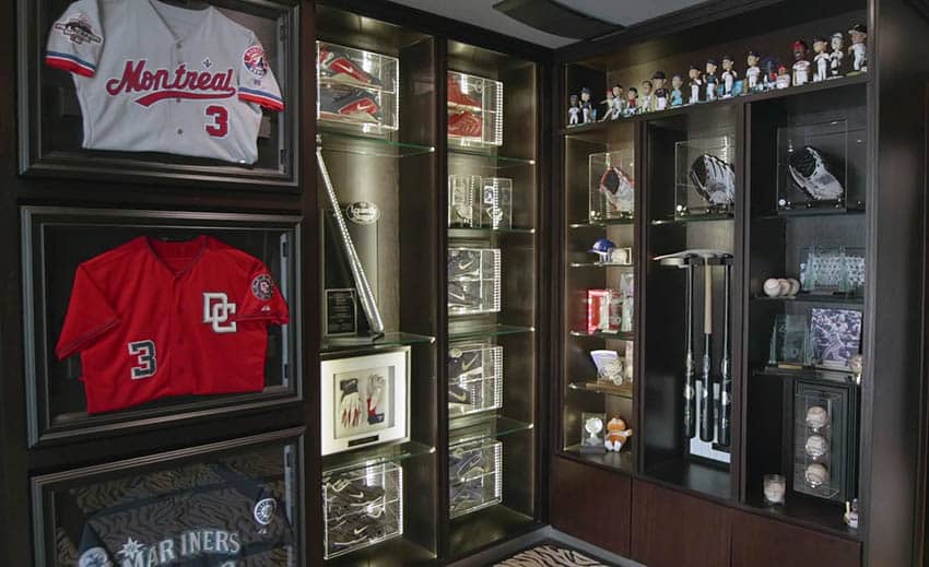 Sports themed man cave with baseball memorabilia