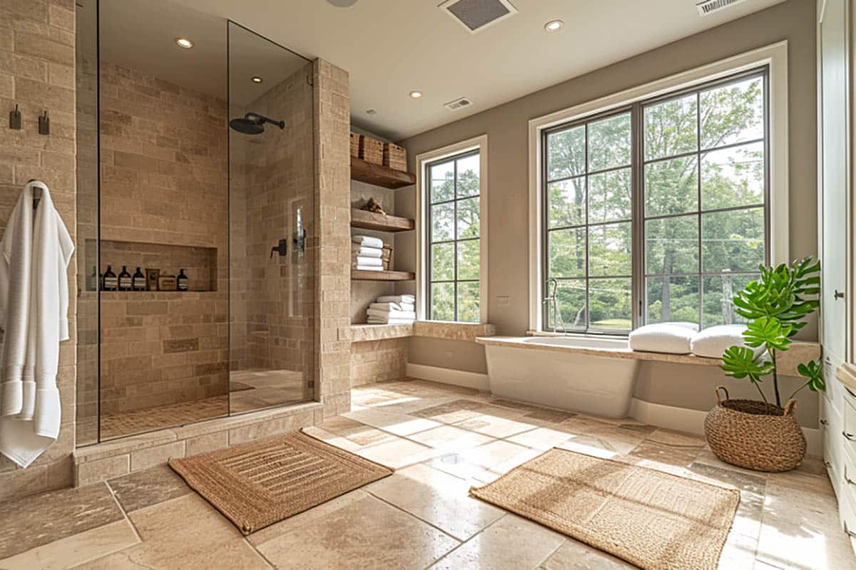 Travertine walk-in enclosure with glass partition and tub with window views