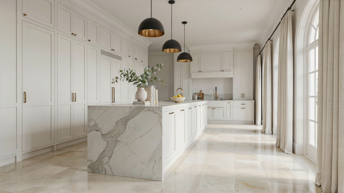 Carrara marble counters with light cream marble stone flooring throughout