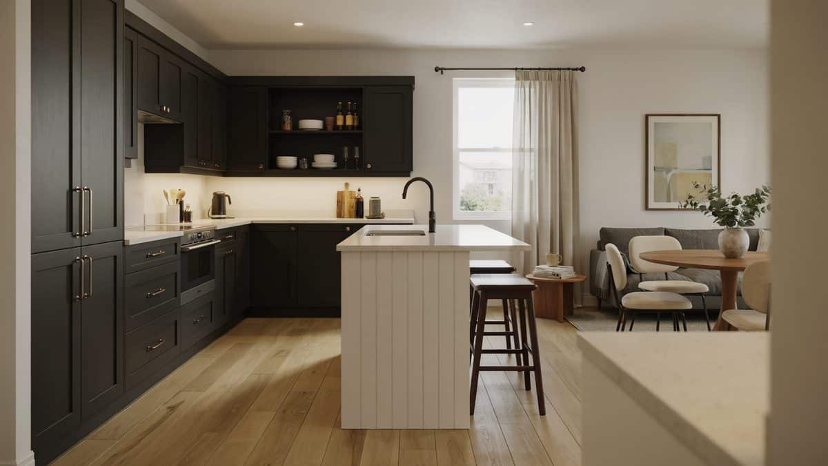Ebony L shaped cabinets with a white paneled island and wood bar stools