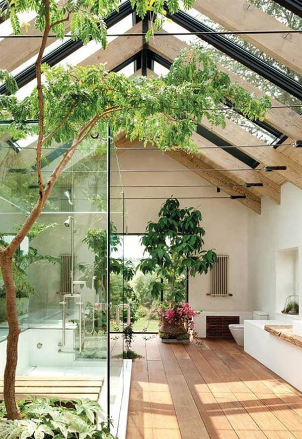 Tropical bathroom with glass shower exposed ceiling beams