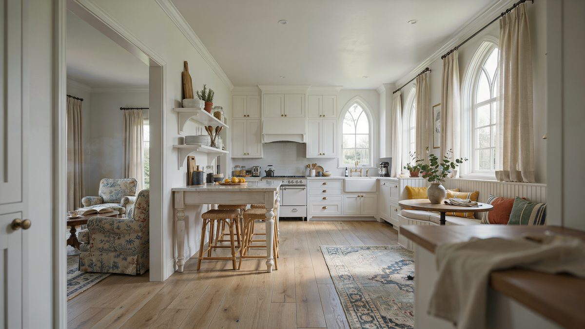 All white French country cabinets beside a cushioned corner breakfast nook