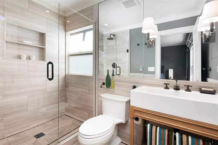 Bathroom with beige porcelain for the shower