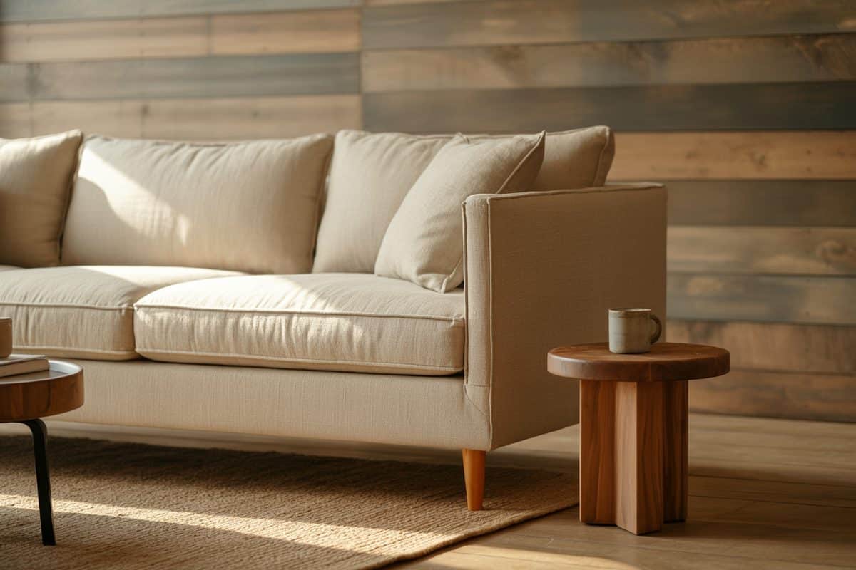 Cream linen sofa with tapered wood legs beside a small round walnut side table
