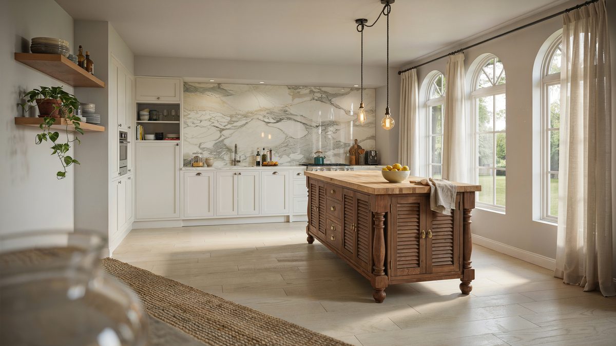 Antique island with louvered doors and light maple butcher block top