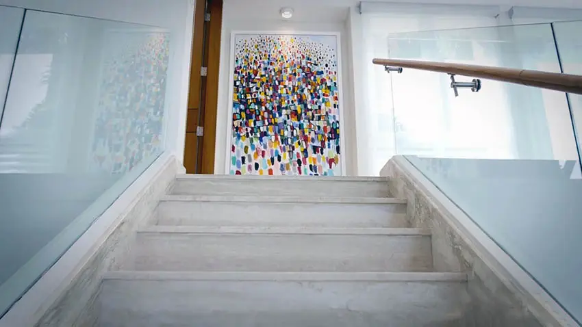 Modern artwork at the top of the staircase