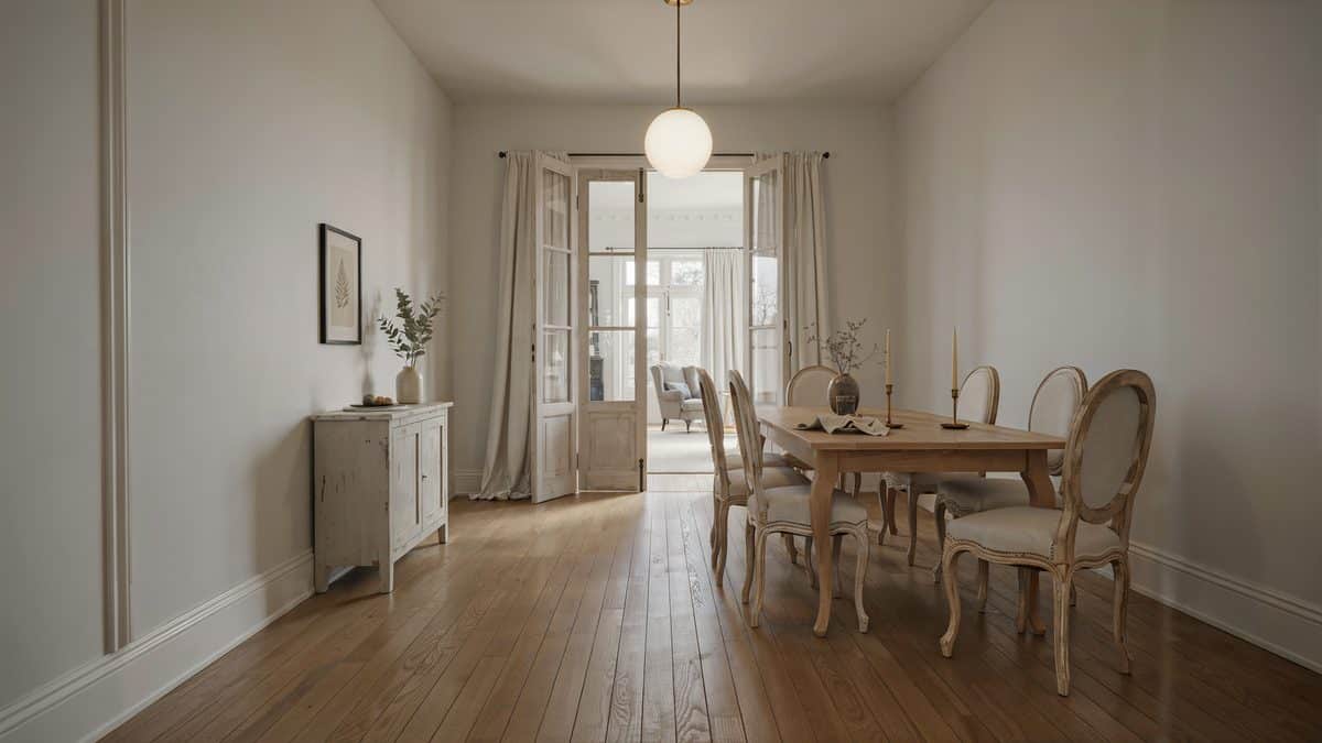 Weathered French chairs at a wood table lit by a globe pendant