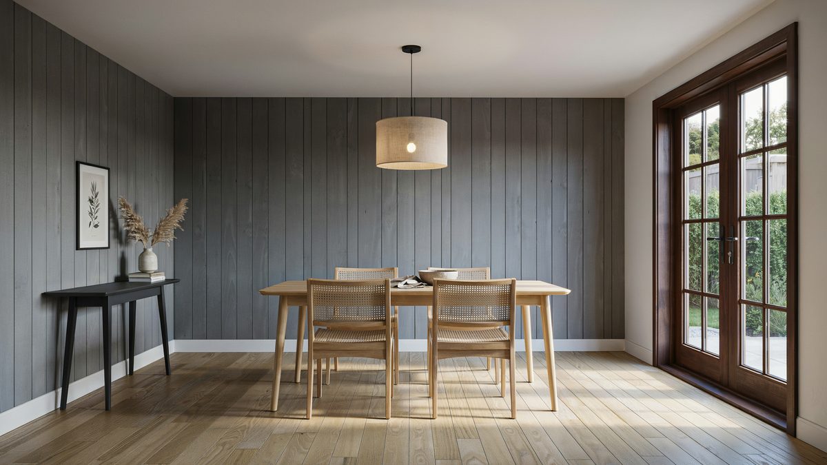 Gray vertical paneling behind a pale oak table and drum shade pendant