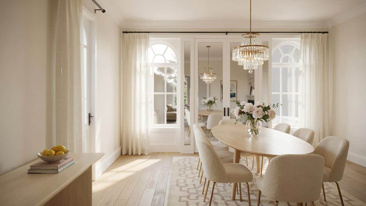 Oval table and boucle chairs reflected in mirrored door panels