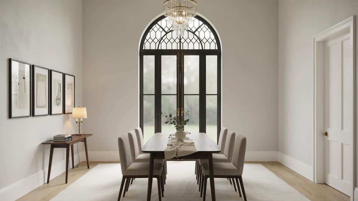 Arched iron glazing rises above a dark table on white carpet