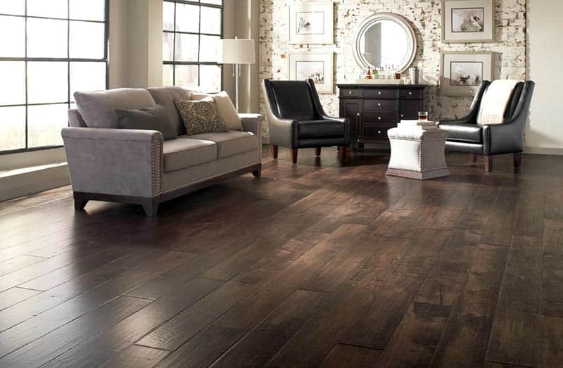 Distressed maple wood flooring in living room
