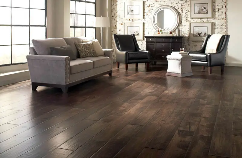Distressed maple wood flooring in living room