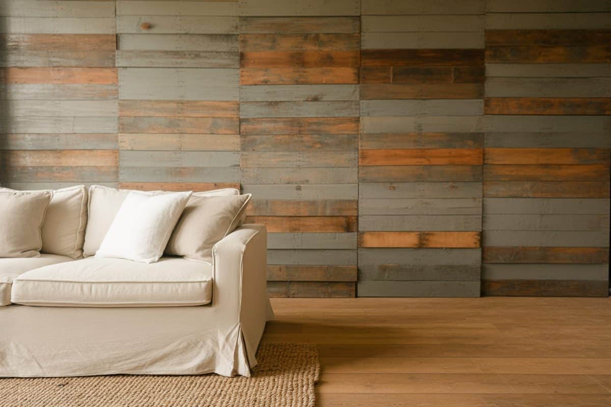Pallet wood wall in mixed gray and rust planks behind a white slipcovered sofa
