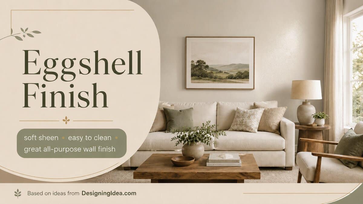 Greige eggshell walls with soft sheen behind a neutral fabric sofa