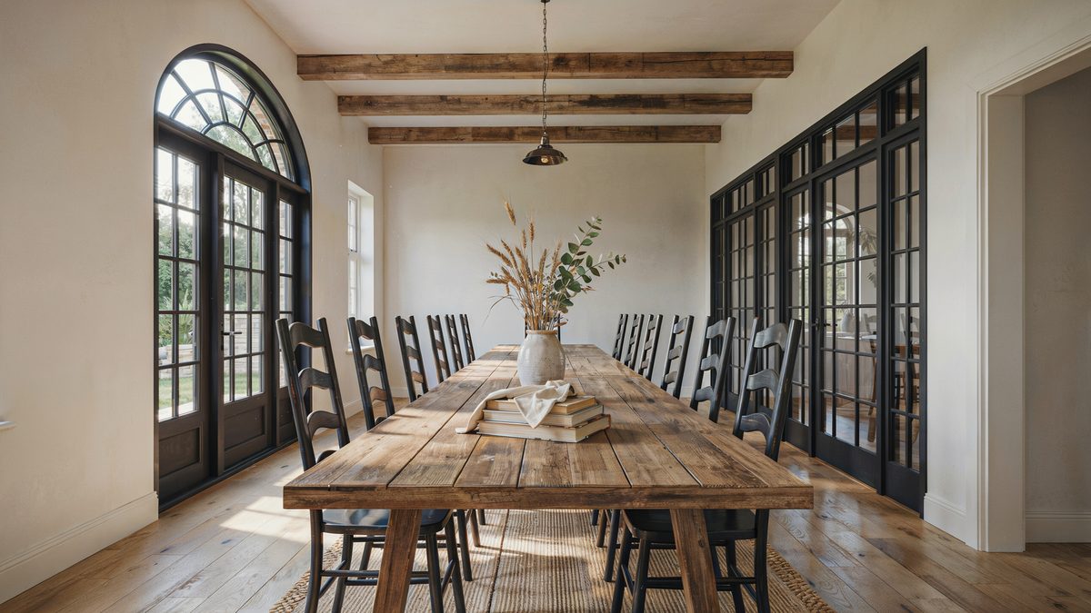 Long reclaimed table with black ladder back chairs under heavy timber beams