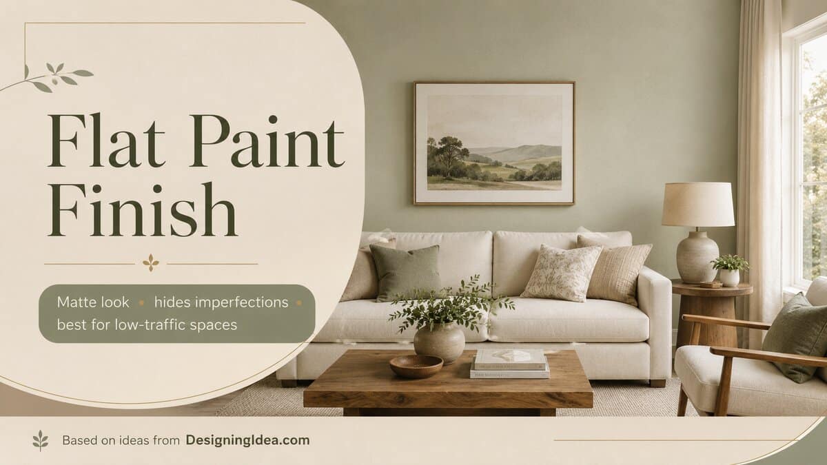 Sage green living room with matte flat paint walls and linen sofa