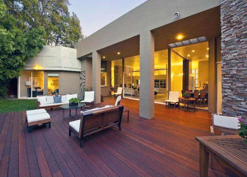 Ipe wood deck at modern house backyard