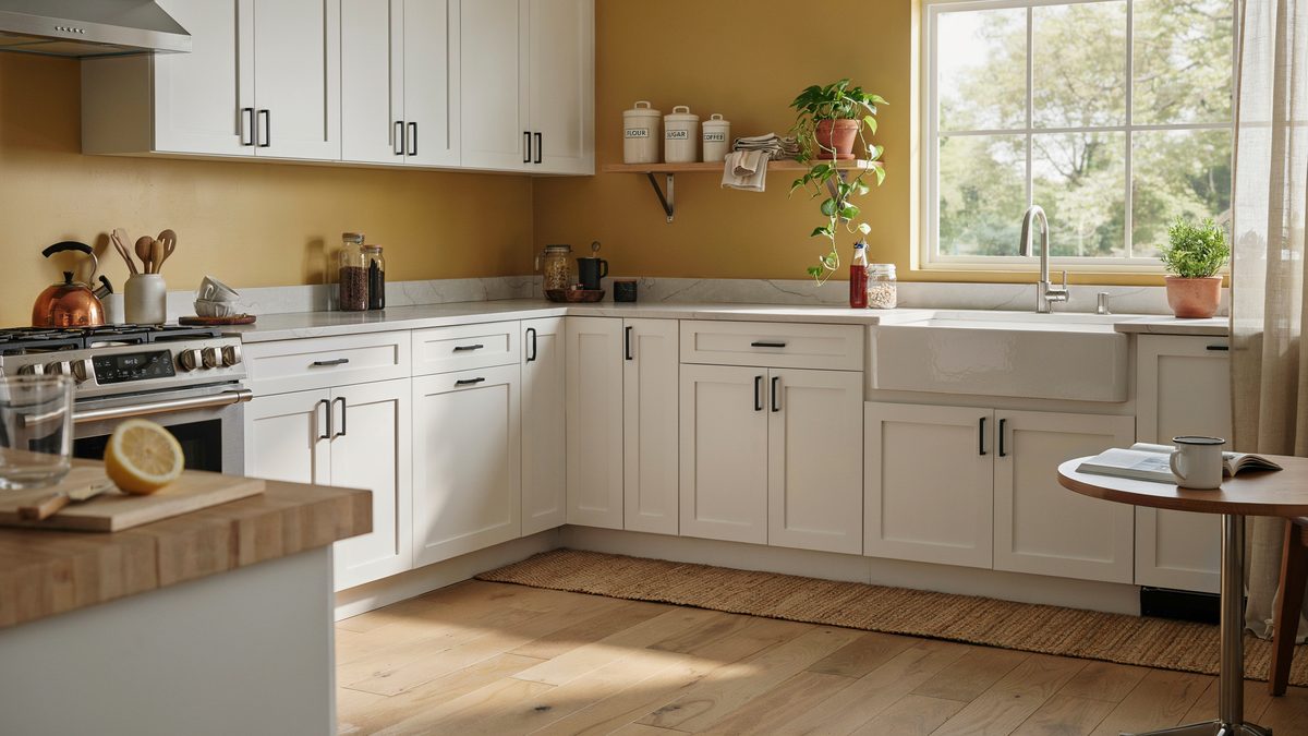 White shaker cabinets against mustard yellow walls with farmhouse sink and maple floors