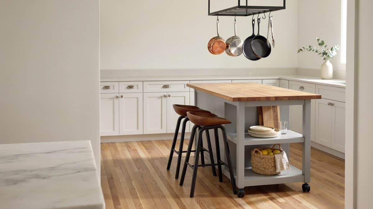 Small teak top island with gray open shelves and metal pot rack