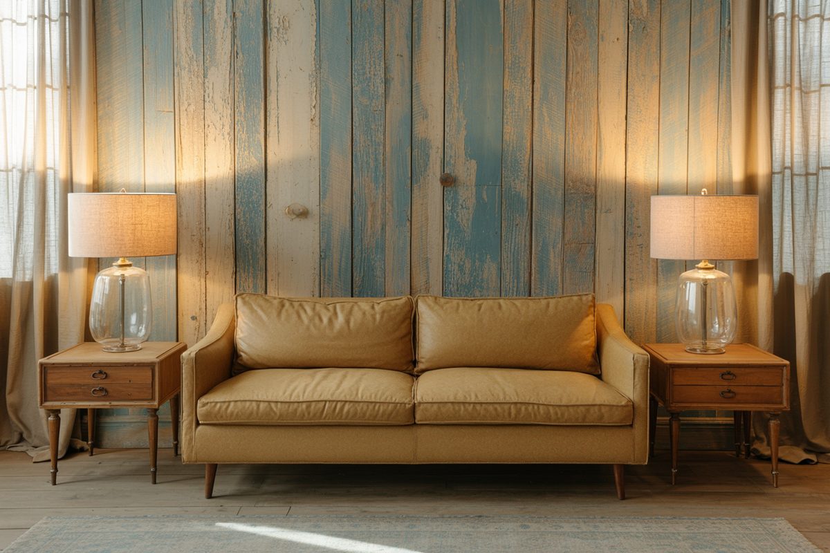 Faded blue vertical plank wall framing a tan leather sofa between two lamps