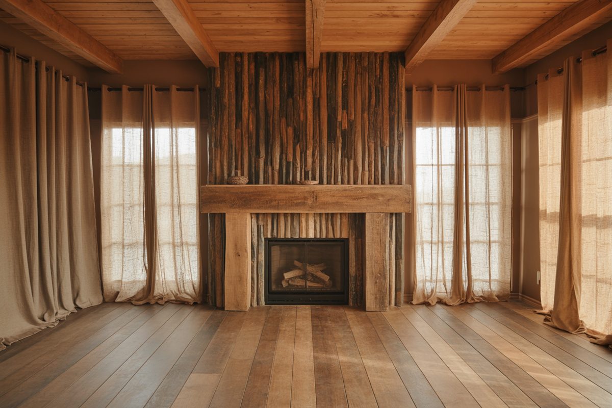 Vertical wood plank chimney breast above a fireplace with linen drapes on both sides