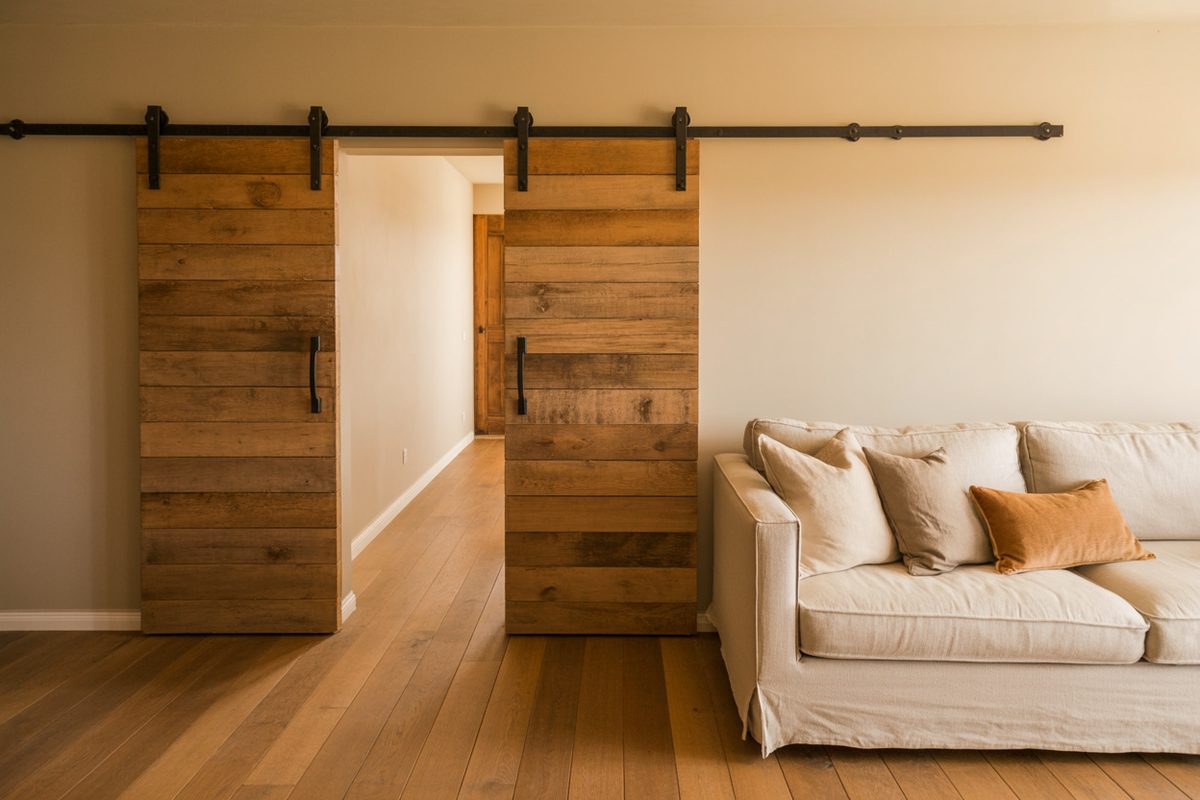 Two oak barn doors on a black ceiling track beside a white sectional sofa