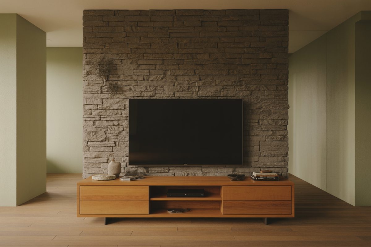 Gray stacked stone TV wall with sage green side walls and an oak media console