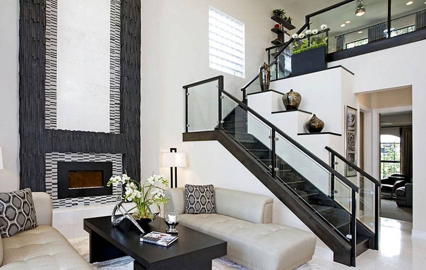 Fireplace with black strip tiles, black center table and staircase