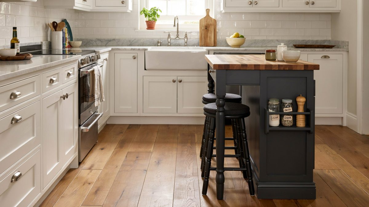 Black portable island with molding detail and turned leg bar stools