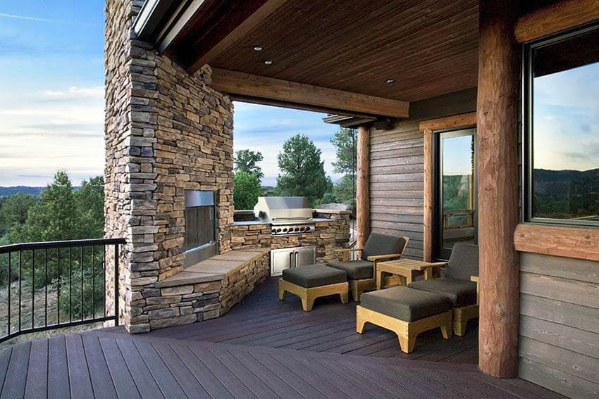 Pvc deck under porch with outdoor fireplace