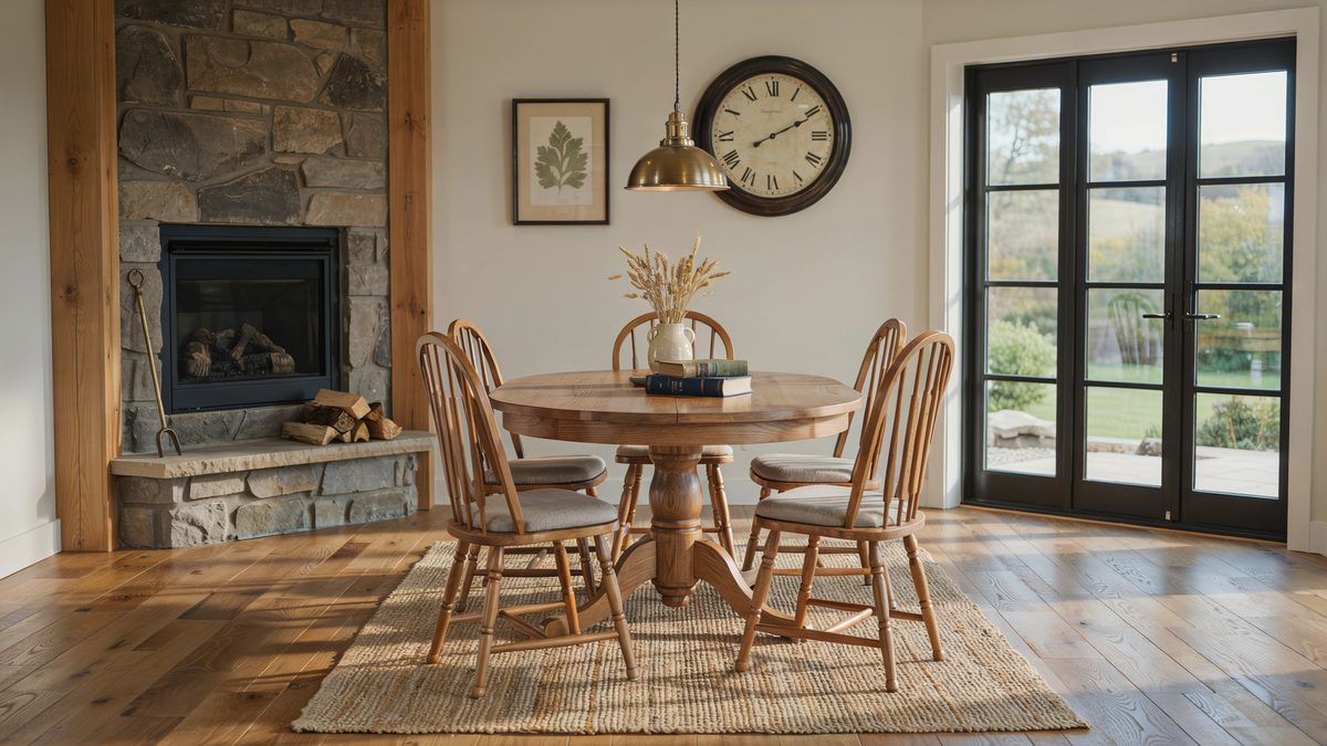 Stone fireplace, round wood table and a large Roman numeral wall clock