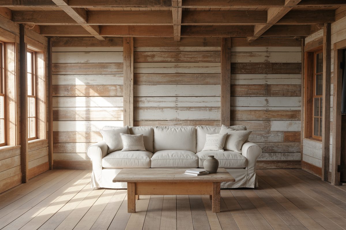Whitewashed plank walls and dark ceiling beams around a slipcovered sofa and wood table