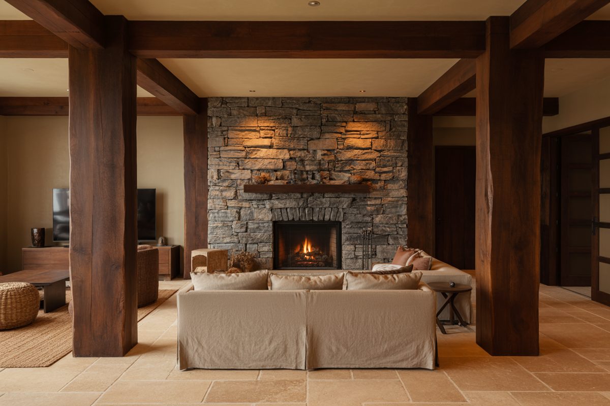Stone fireplace framed by heavy timber posts over travertine tile and a long sofa