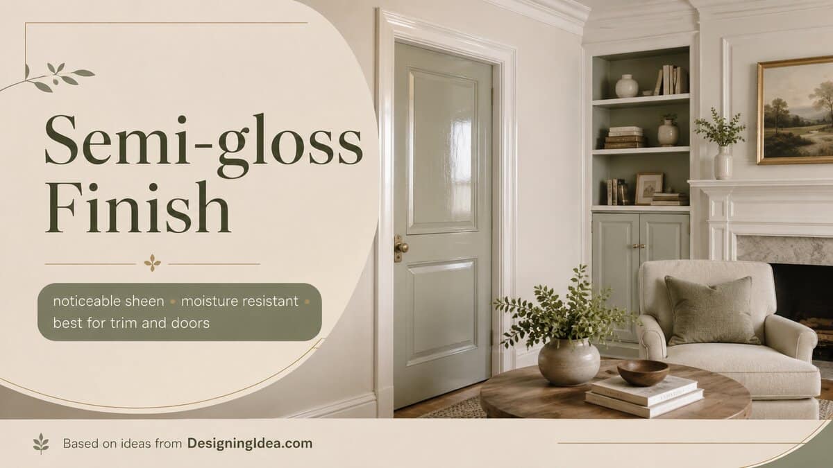 Semi gloss white trim and door beside painted built in shelving