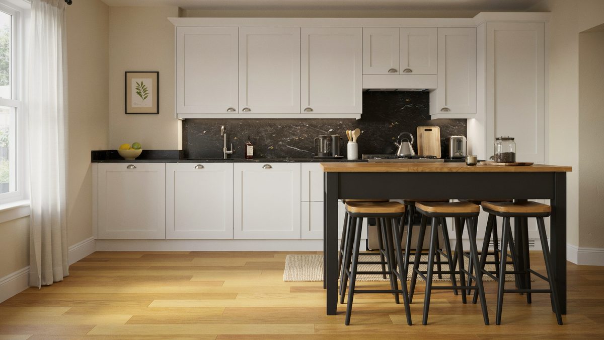 Black based island with beech top and three tucked bar stools