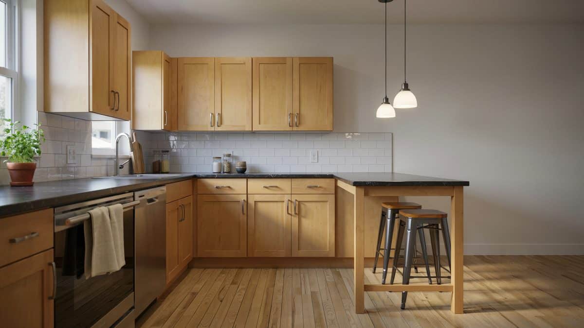 Maple cabinets with black granite and wood island under two glass pendants