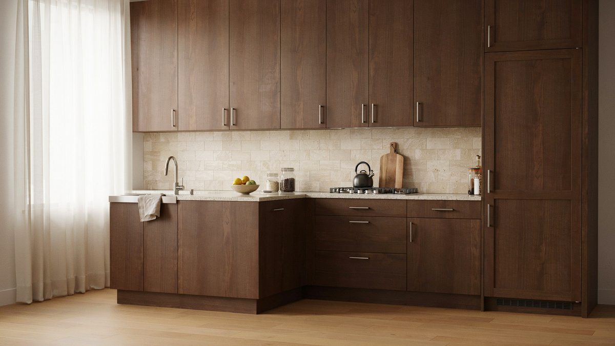 Dark wood one wall kitchen with travertine backsplash and tall pantry cabinet