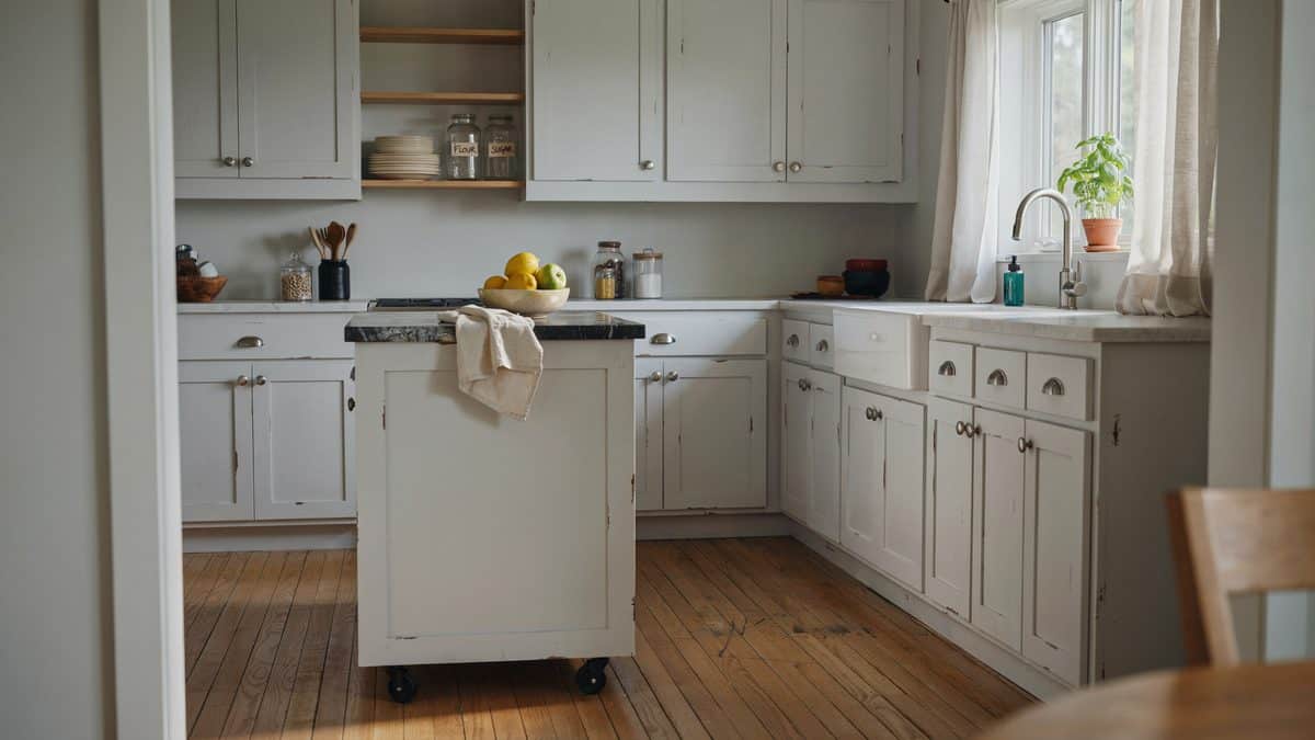 White rolling island trolley on casters with a black granite top